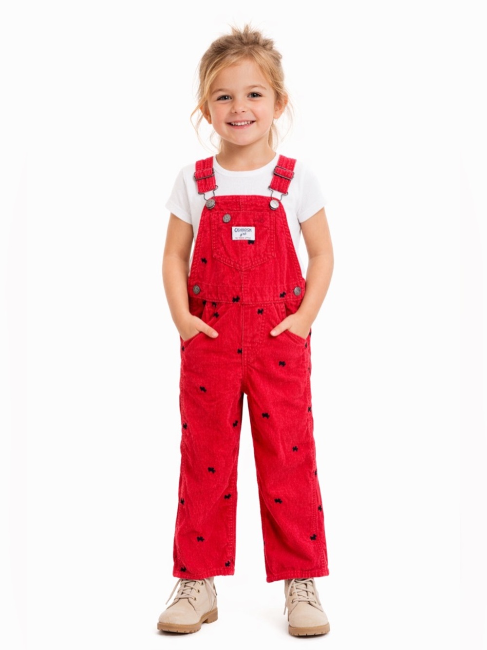 OshKosh B'gosh Girls Red Overalls with Adjustable Straps Sz 4T Dog Embroidered